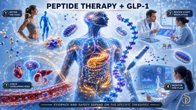 Peptide therapy with GLP-1 medications infographic showing goals, medication review, overlapping risks, and coordinated monitoring Peptide therapy with GLP-1 medications infographic showing goals, medication review, overlapping risks, and coordinated monitoring