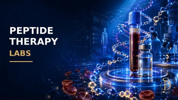 Peptide therapy lab monitoring banner with blood sample tubes, molecular graphics, and laboratory equipment