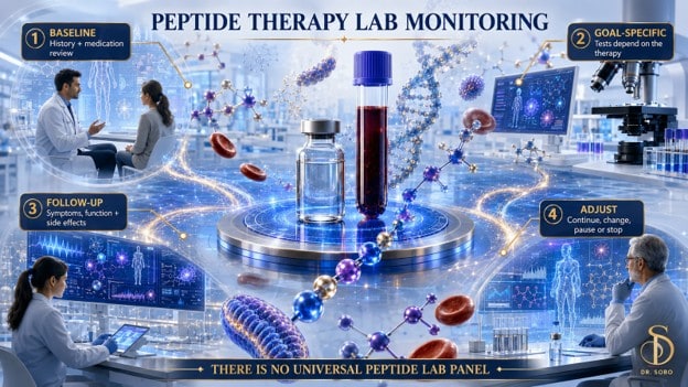 Peptide therapy lab monitoring infographic showing baseline review, goal-specific tests, follow-up, and treatment adjustment