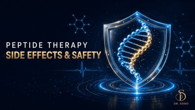 Peptide therapy side effects and safety banner featuring a protective medical shield and peptide helix