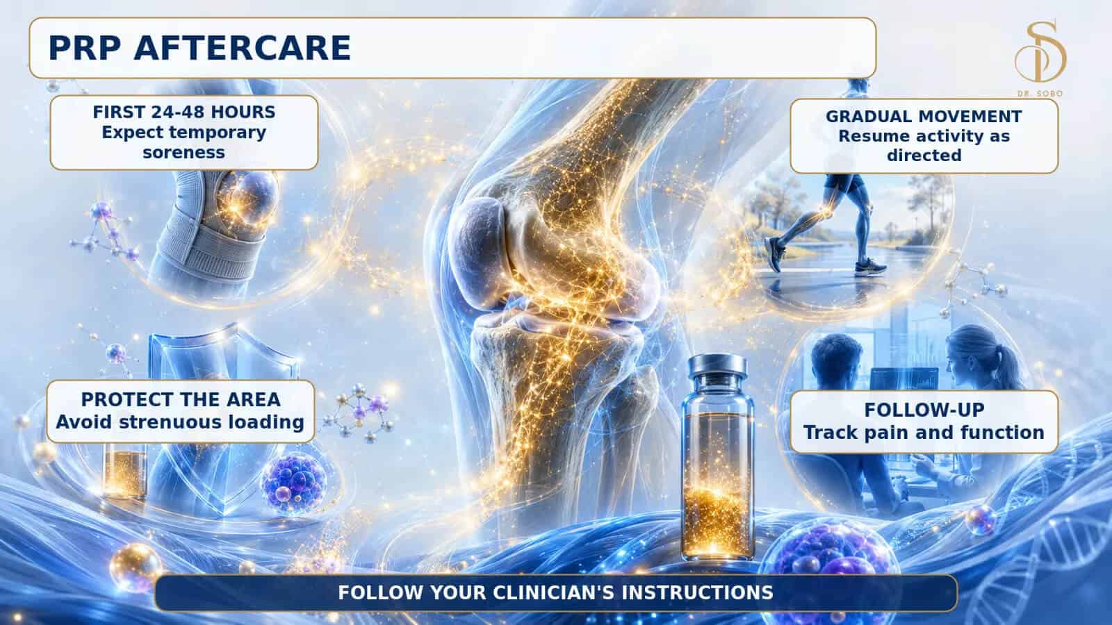 PRP aftercare infographic showing early protection, gradual movement, loading precautions, and follow-up