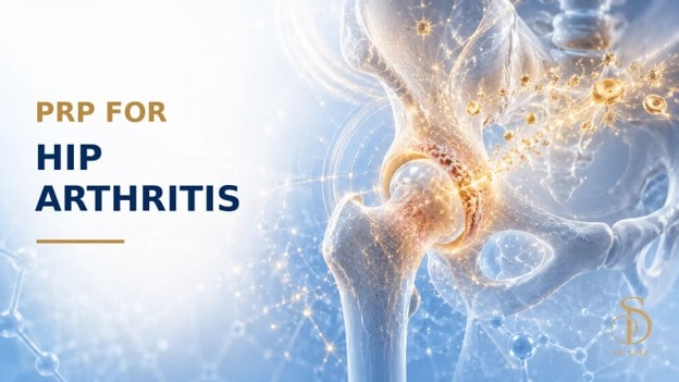PRP for hip osteoarthritis banner with a detailed 3D hip joint and regenerative medicine graphics