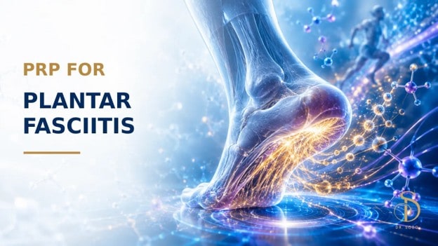 PRP for plantar fasciitis banner with an illuminated plantar fascia, molecular graphics, and PRP vial