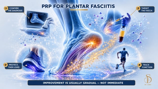 PRP for plantar fasciitis infographic showing diagnosis, fascia targeting, progressive loading, and function tracking