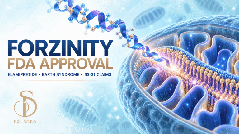 SS-31 vs elamipretide banner with professional medical graphics by Dr. Sobo