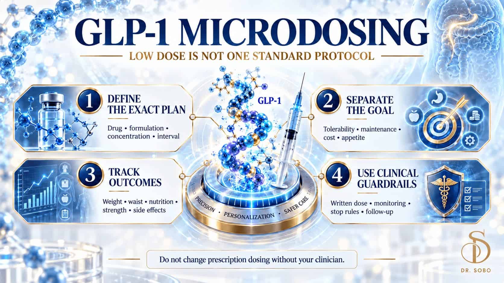 GLP-1 microdosing framework showing how to define the exact plan, separate the goal, track outcomes and use clinical guardrails