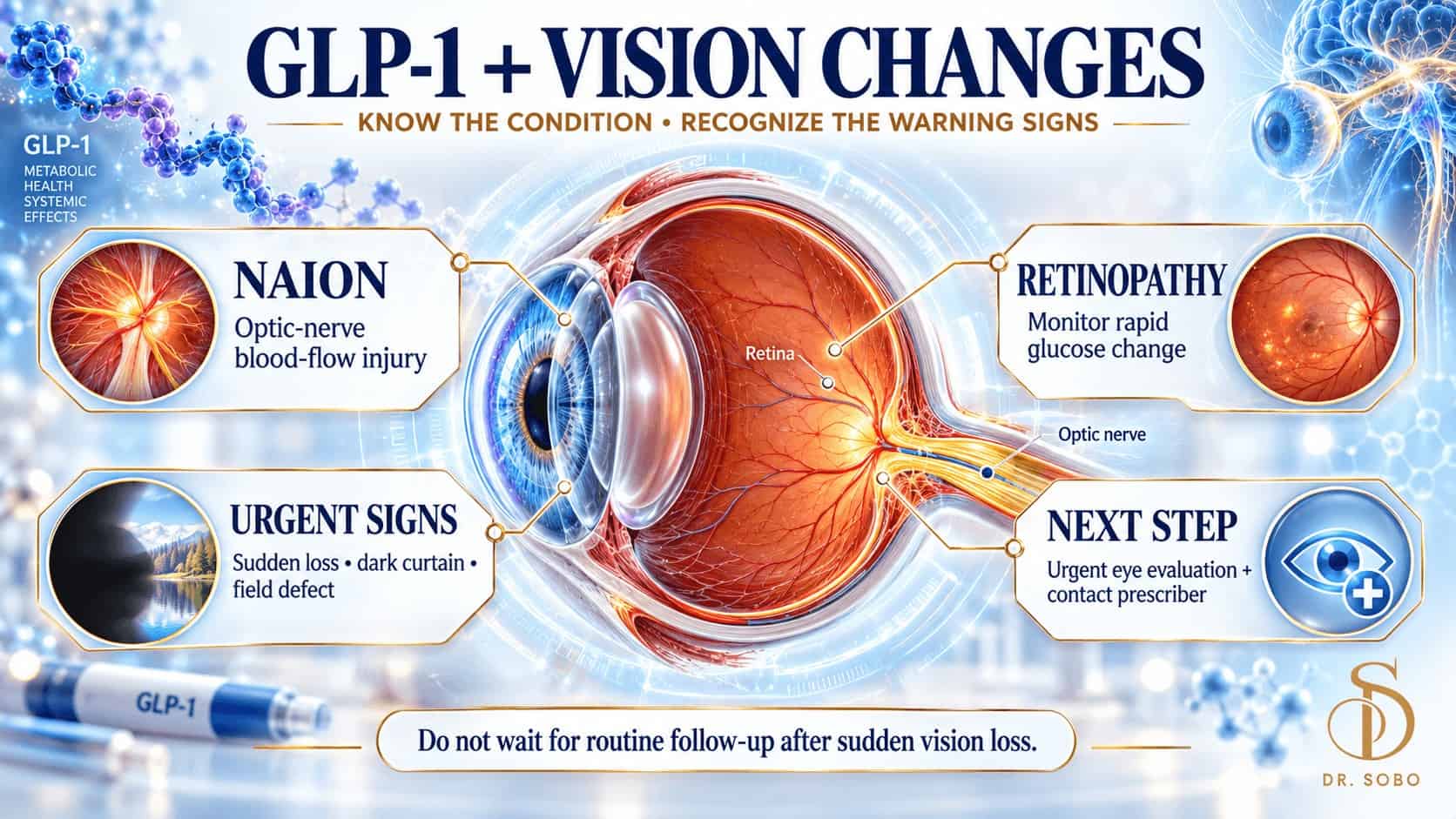GLP-1 vision changes infographic comparing NAION and diabetic retinopathy with urgent warning signs and next steps
