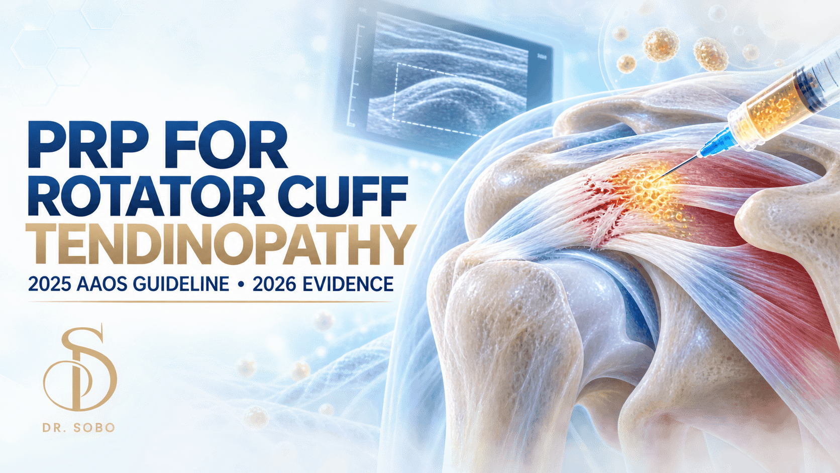 PRP for rotator cuff tendinopathy banner with professional medical graphics by Dr. Sobo