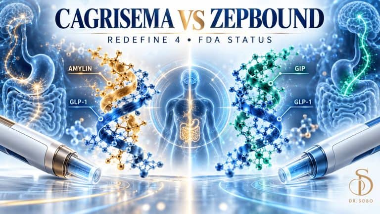 CagriSema vs Zepbound banner with professional medical graphics by Dr. Sobo