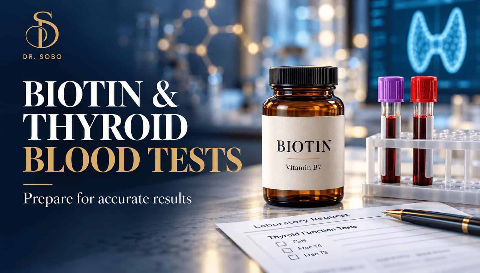 Dr. Sobo banner showing a biotin supplement bottle, blood collection tubes, and a thyroid laboratory request form