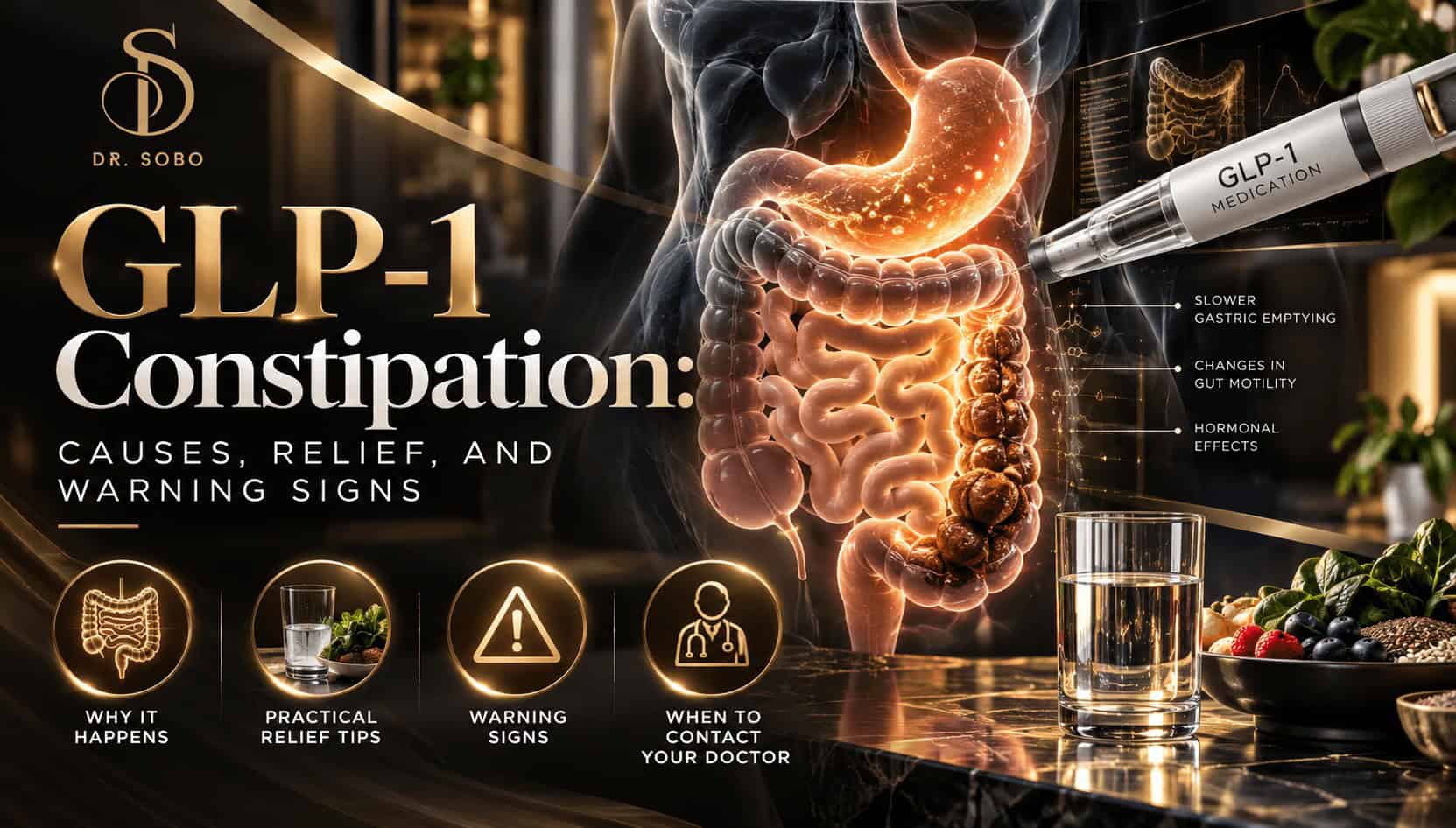 GLP-1 constipation medical illustration showing the digestive system, intestinal motility, and constipation warning signs