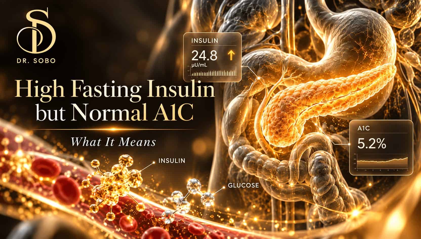 High fasting insulin normal A1C medical banner showing realistic pancreatic anatomy with illustrative insulin and A1C laboratory results