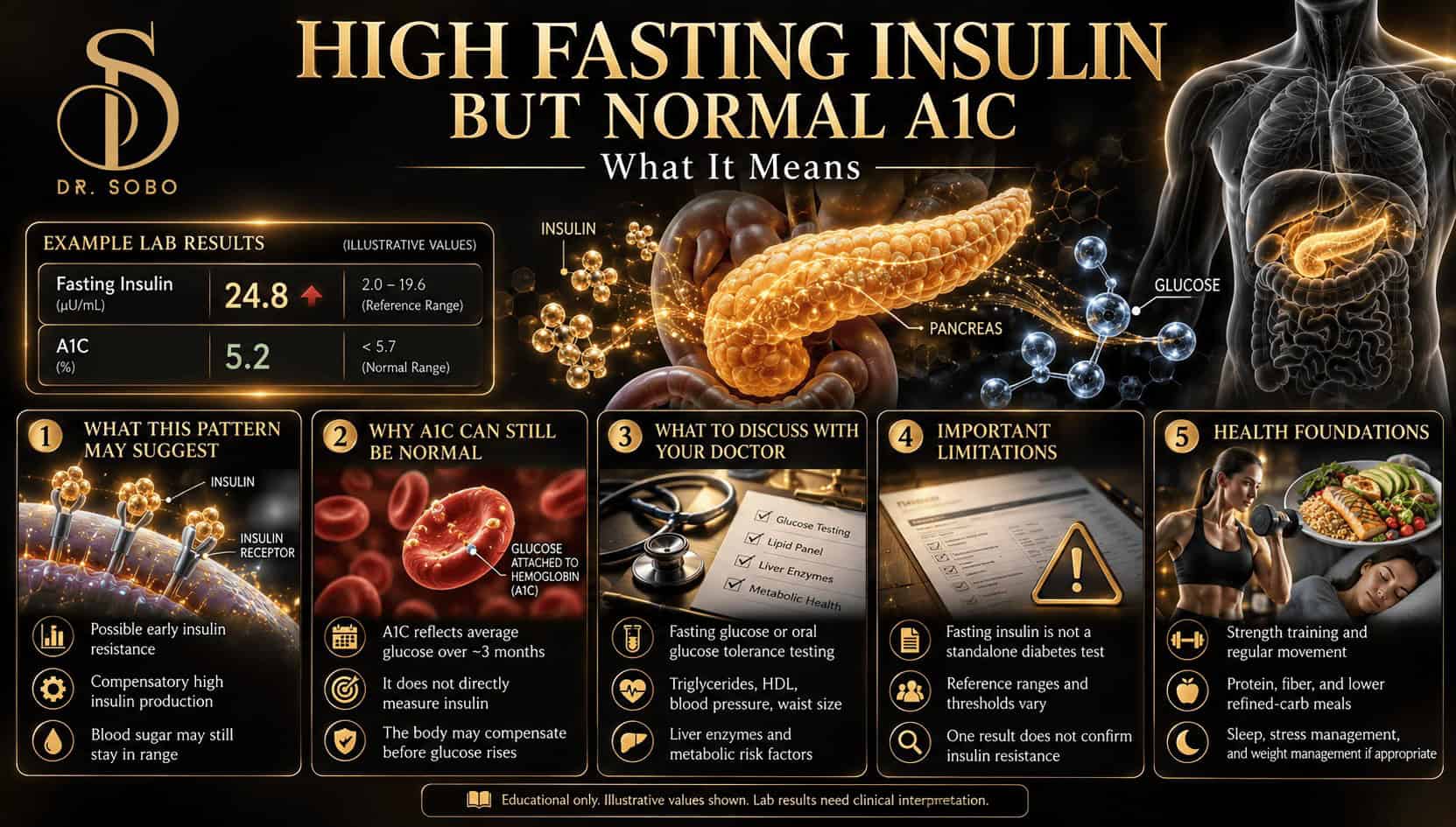 High fasting insulin normal A1C infographic showing realistic pancreatic anatomy, insulin signaling, illustrative lab results, test limitations, and metabolic health strategies
