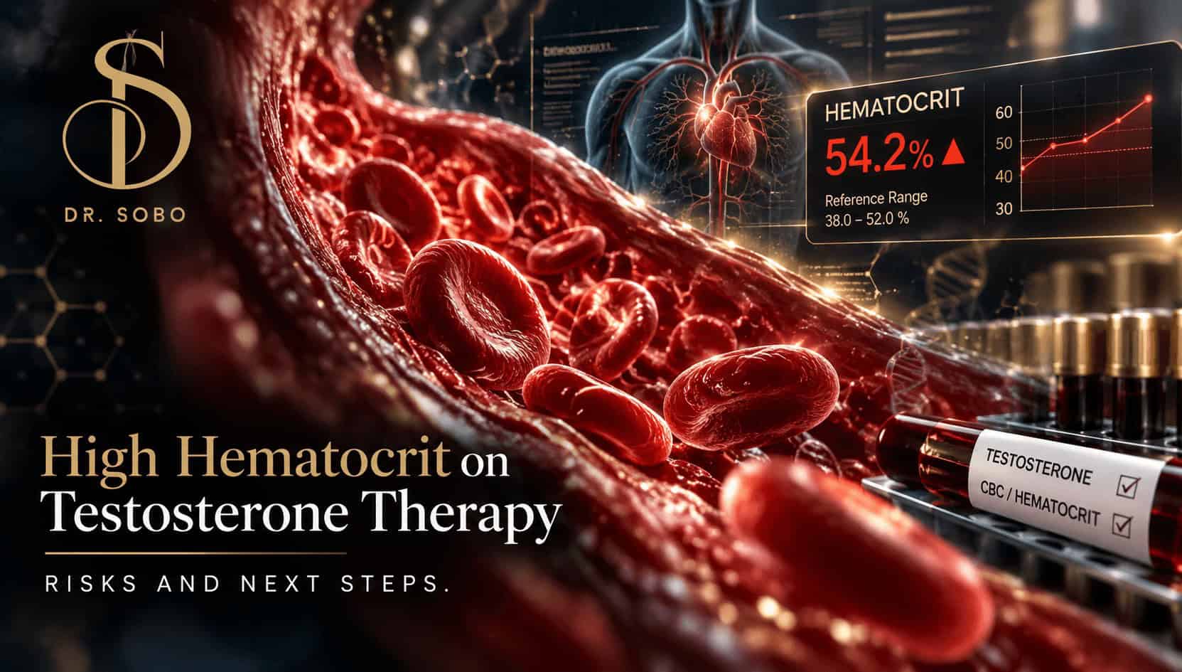 High hematocrit on testosterone therapy banner showing red blood cells in a blood vessel and an illustrative elevated hematocrit result of 54.2%