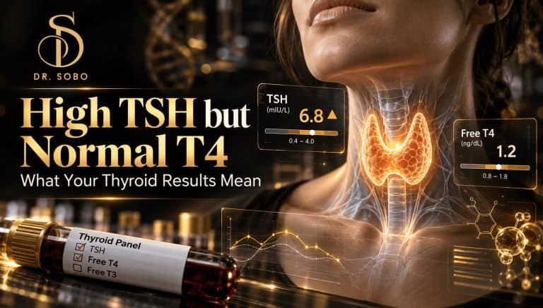 High TSH but normal T4 medical illustration showing a realistic thyroid gland with elevated TSH and normal free T4 laboratory results
