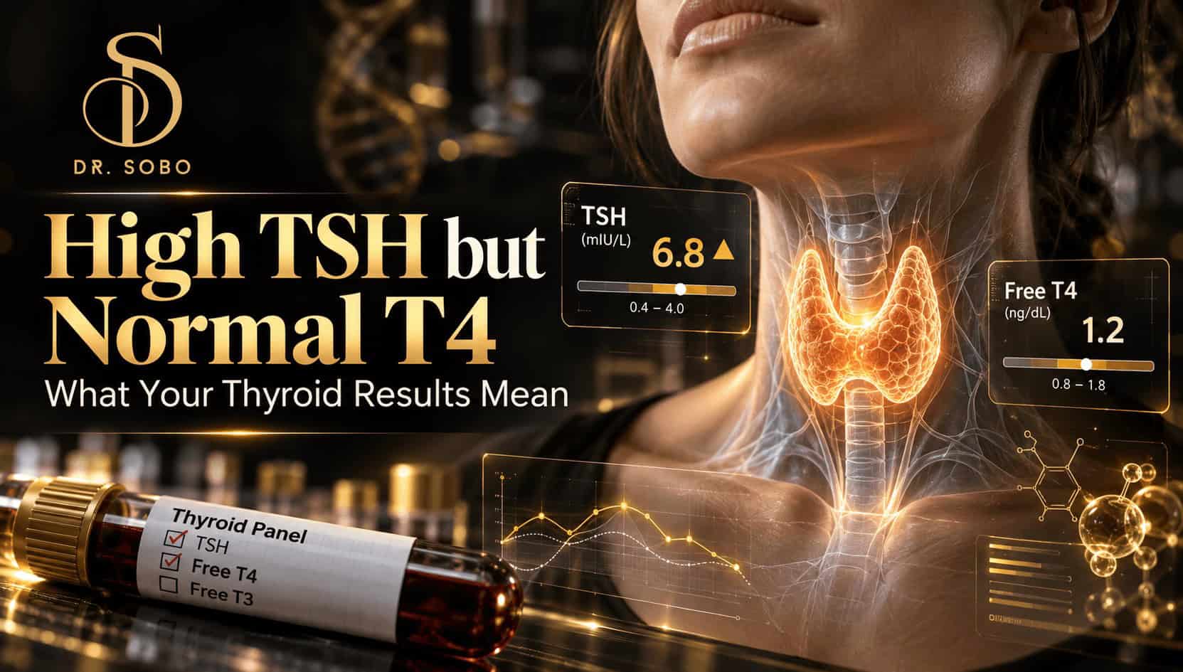 High TSH but normal T4 medical illustration showing a realistic thyroid gland with elevated TSH and normal free T4 laboratory results