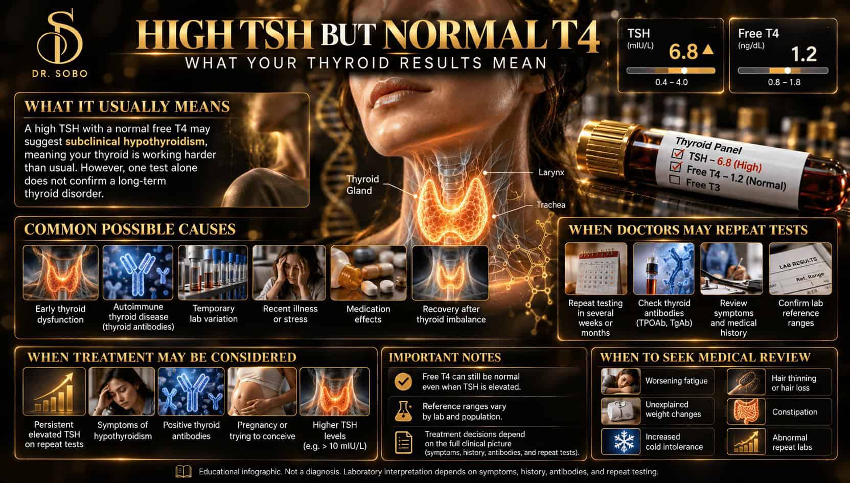 High TSH normal T4 infographic illustrating thyroid anatomy, subclinical hypothyroidism, causes, follow-up blood testing, and treatment considerations