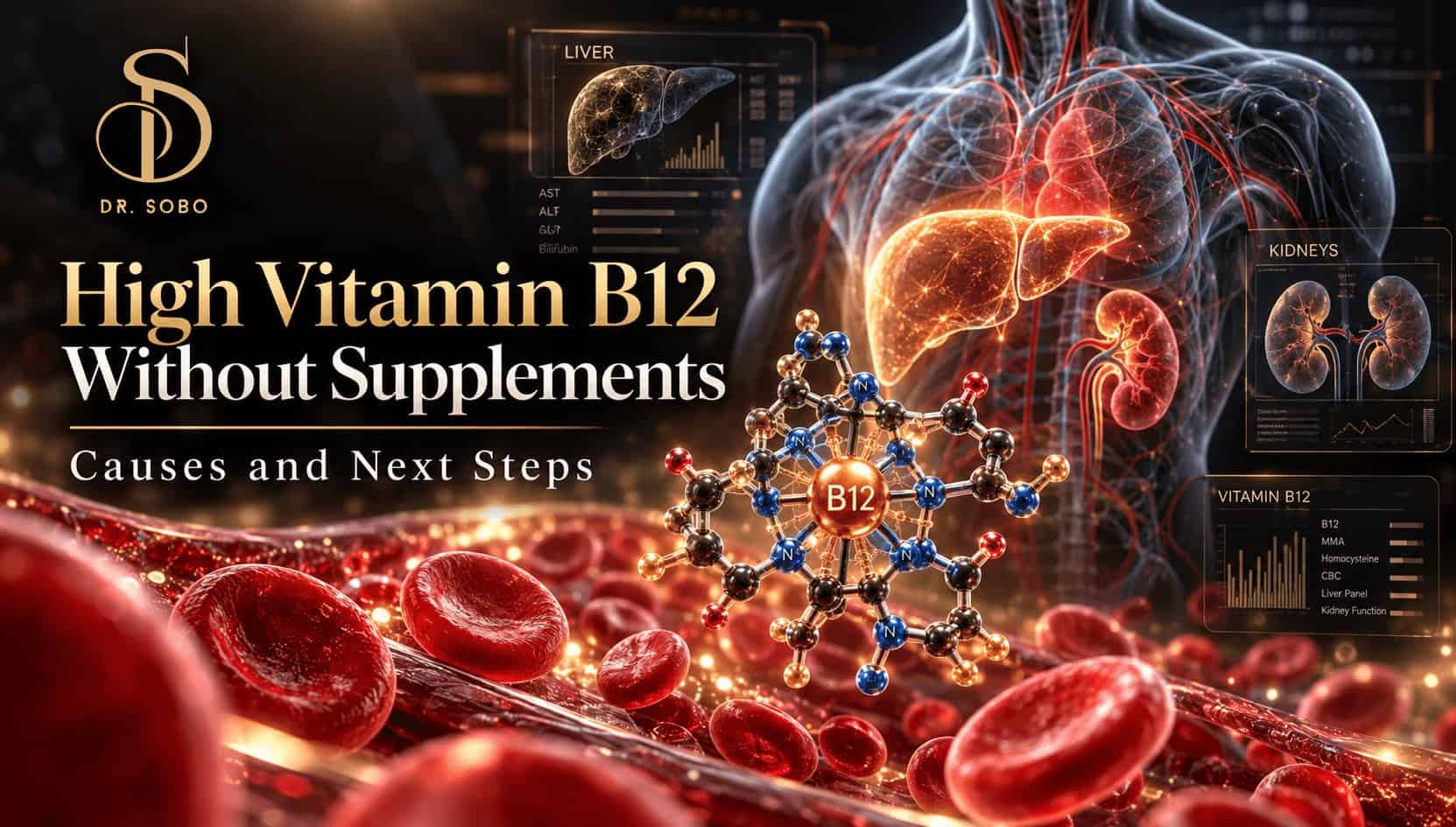 High vitamin B12 without supplements banner showing a molecular B12 illustration, human bloodstream, liver and kidneys