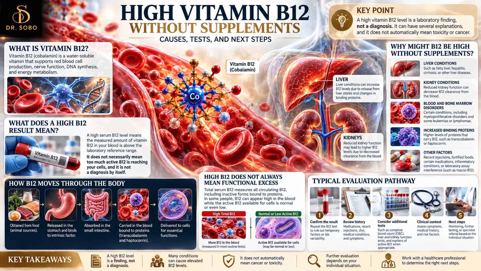 High vitamin B12 without supplements infographic showing circulating B12, liver and kidney anatomy, possible causes, transport proteins, and clinical testing steps