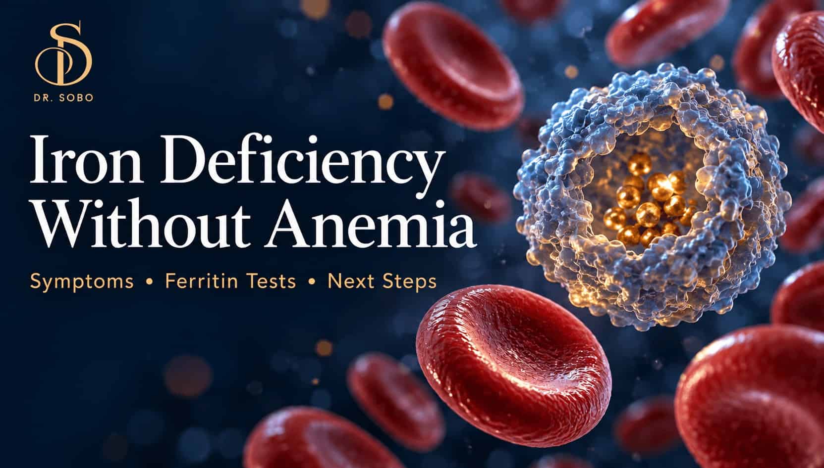 Iron deficiency without anemia banner featuring red blood cells, a conceptual ferritin illustration, and the Dr. Sobo logo
