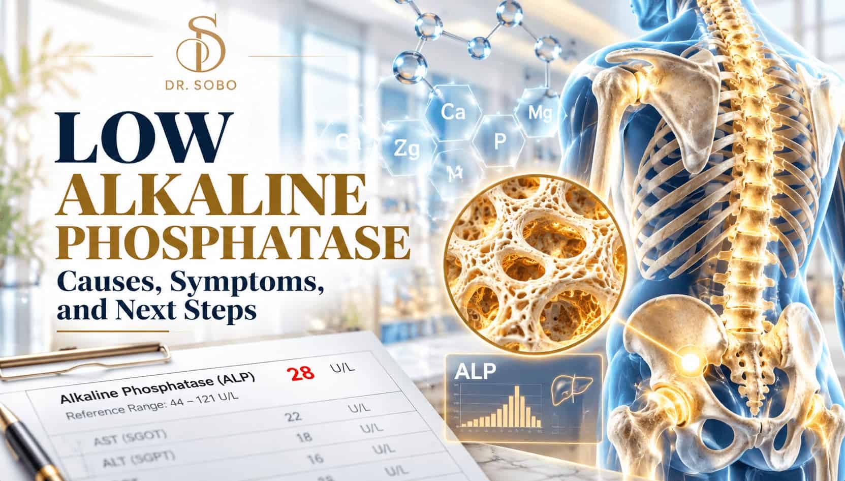Low alkaline phosphatase banner showing a human skeletal system, bone structure, and an illustrative ALP blood test result of 28 U/L