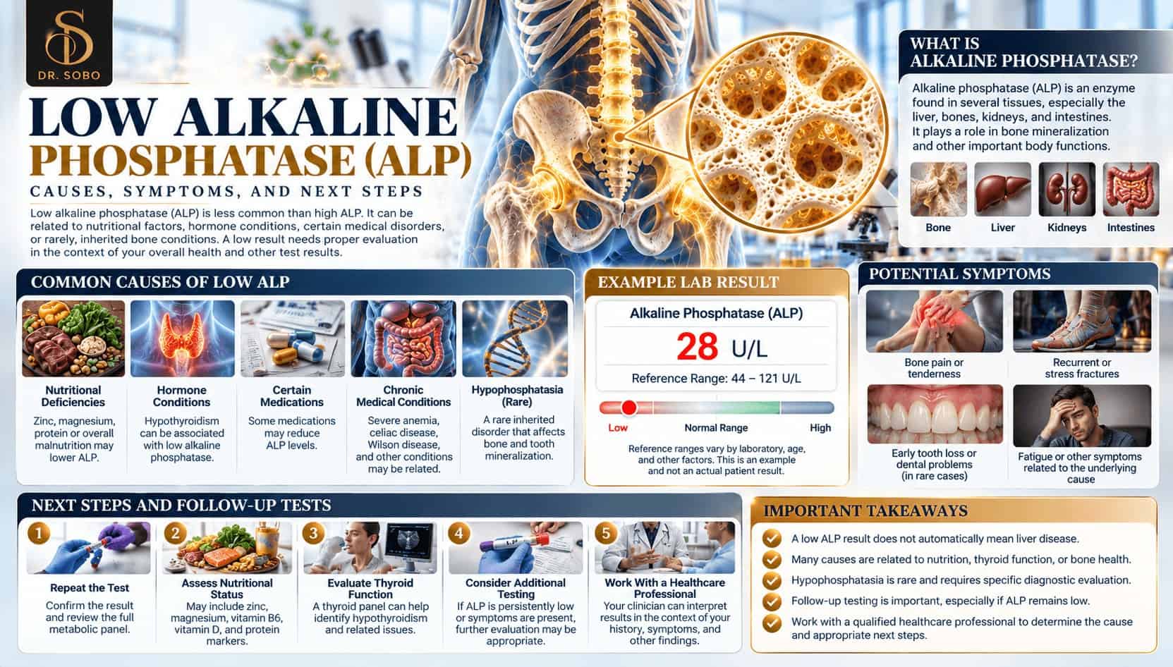 Low alkaline phosphatase infographic showing bone anatomy, possible nutritional and thyroid causes, a sample ALP result of 28 U/L, symptoms, and follow-up tests