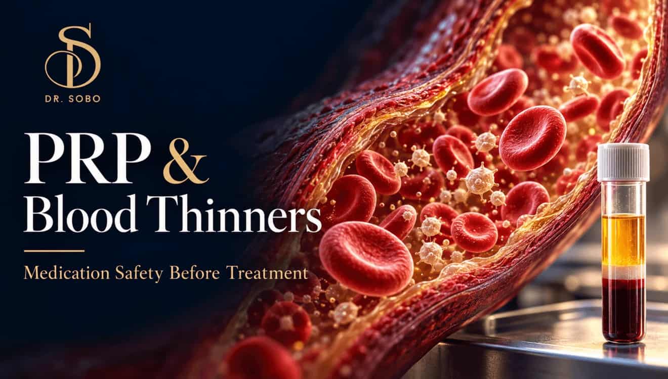 Dr. Sobo PRP and blood thinners banner showing a scientific illustration of red blood cells, platelets, and a separated blood sample.