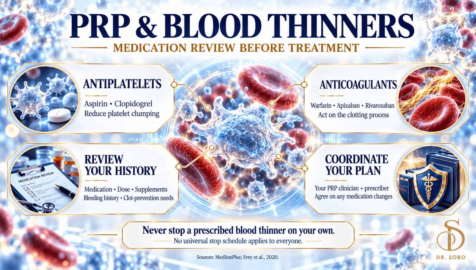 Dr. Sobo scientific infographic comparing antiplatelets and anticoagulants and outlining medication history review and coordinated planning before PRP