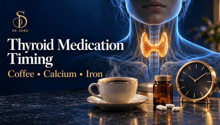 Dr. Sobo banner showing a highlighted thyroid gland, coffee cup, medication bottle, and clock to illustrate thyroid medication timing