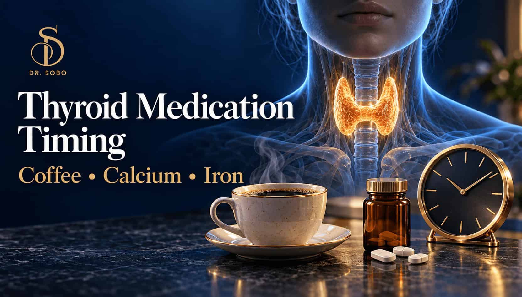 Dr. Sobo banner showing a highlighted thyroid gland, coffee cup, medication bottle, and clock to illustrate thyroid medication timing